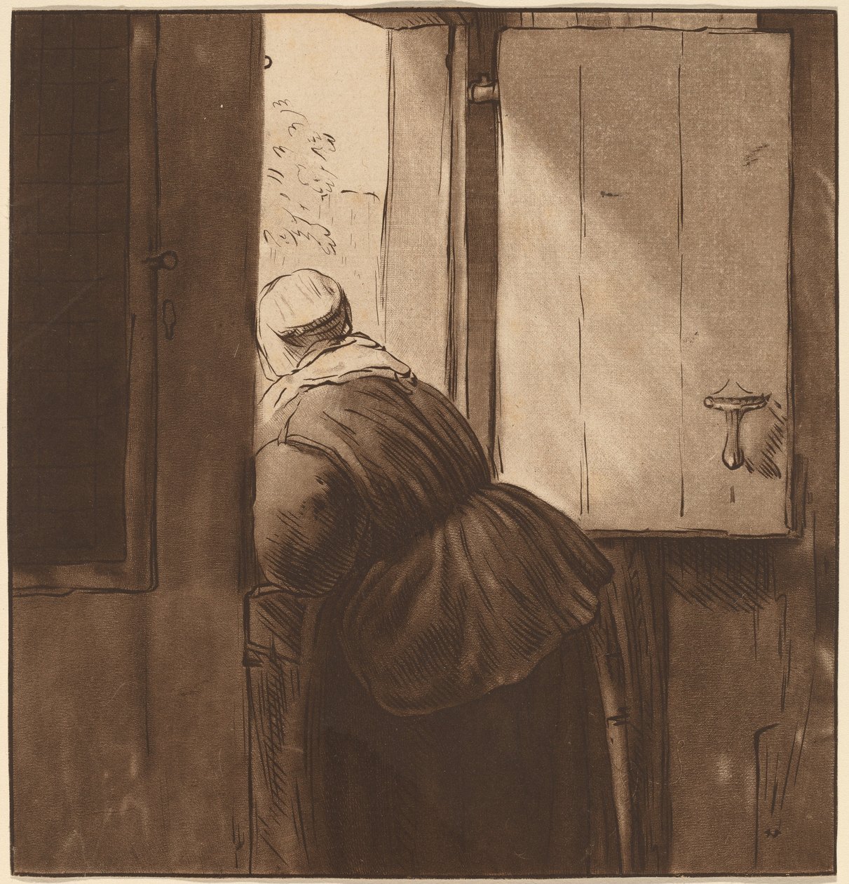 Woman Leaning over a Lower Door by after Nicolaes Maes Cornelis Ploos van Amstel