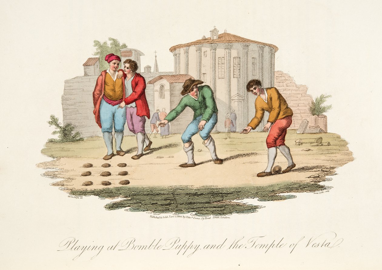 Playing at Bomble Puppy and the Temple of Vest, from Italian Scenery, representing the Manners, Customs and Amusements of the different States of Italy, pub. 1806 by after P. van Lerberghi