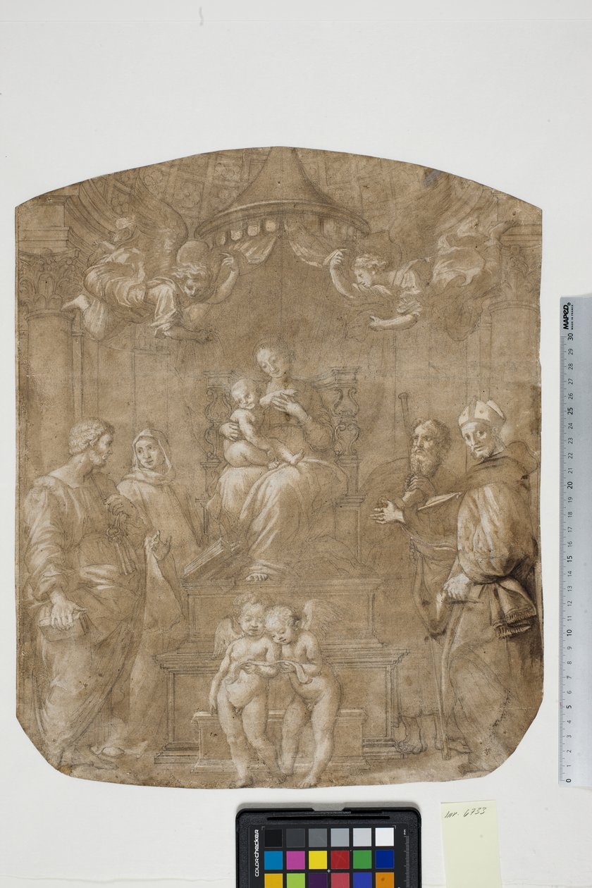 Madonna and Child with Sts Peter, Bernard (or Bruno), James, Augustine and four angels, Madonna del Baldacchino by after Raphael