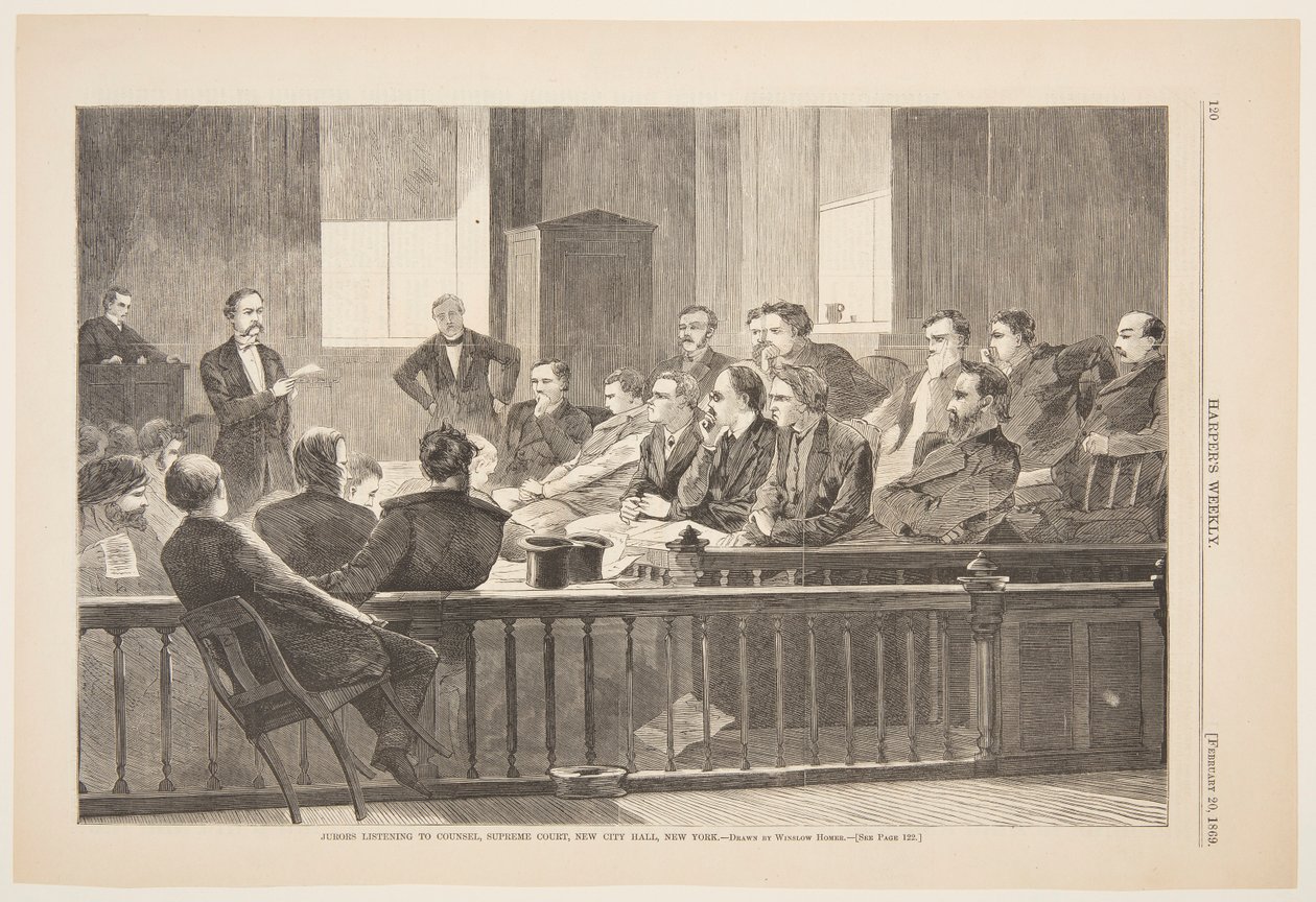 Jurors Listening to Counsel, Supreme Court, New City Hall, New York by Winslow Homer