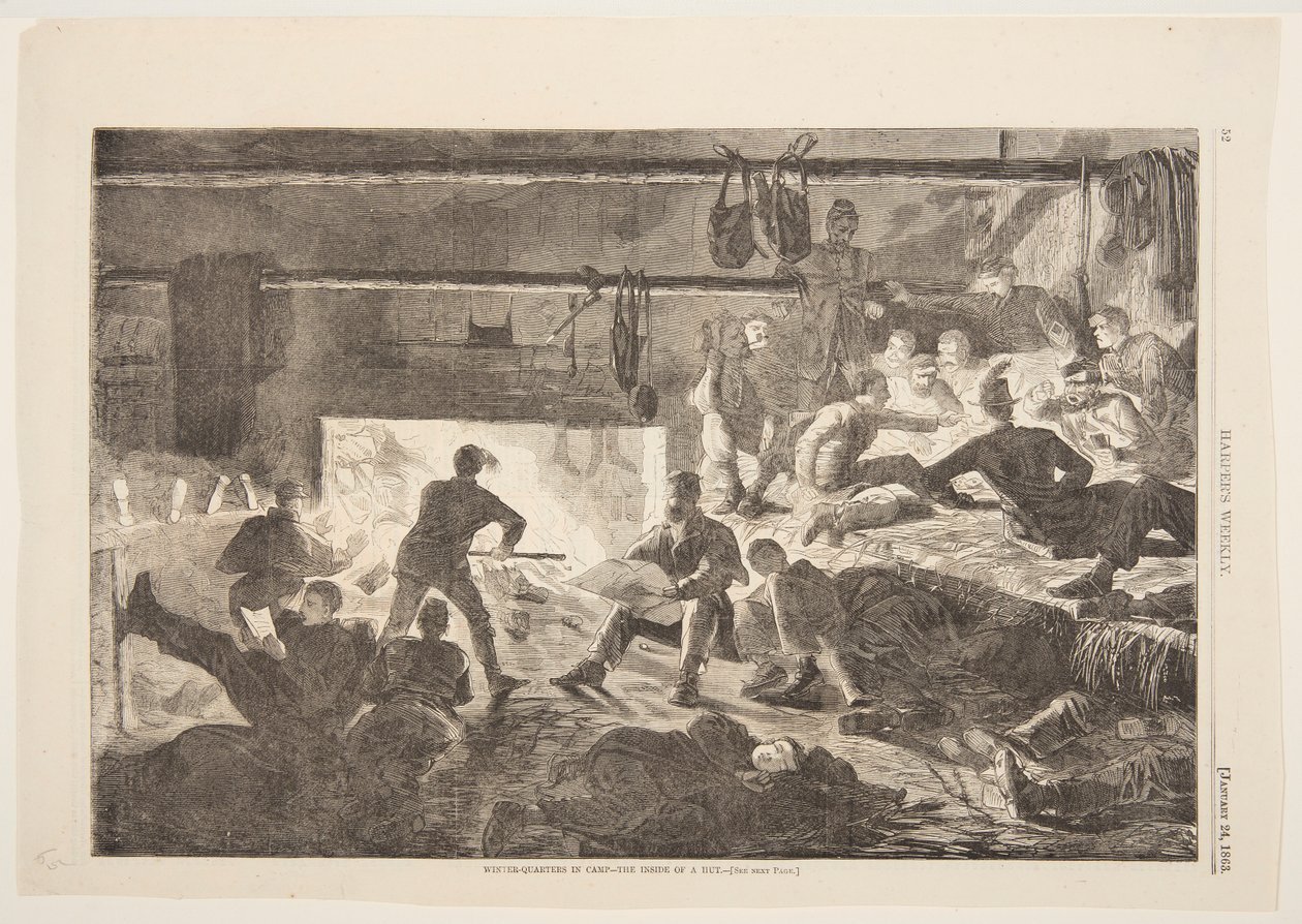 Winter-Quarters in Camp – The Inside of a Hut by after Winslow Homer
