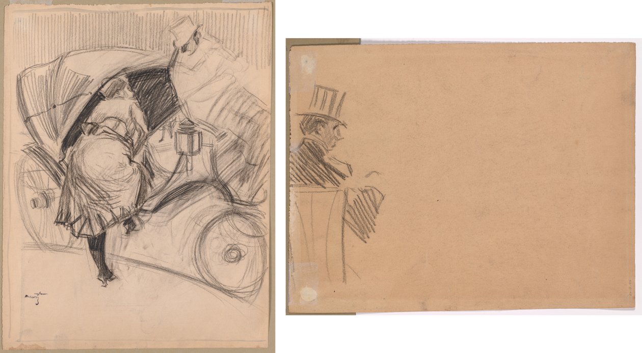 Woman Entering a Fiacre (recto); Right Profile of Man Wearing Tall Hat (verso) by attributed to Jean Louis Forain