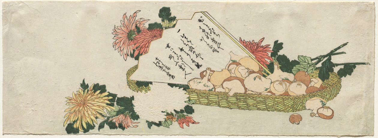 Basket with Fan, Chrysanthemums, and Mushrooms by attributed to Katsushika Hokusai