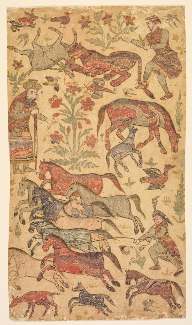 A Marbled Picture of Rustam Catching Rakhsh by attributed to Shafi