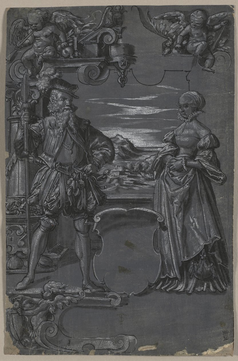 Design for Glass Painting: Man and Woman in Architectural Setting by attributed to Tobias Stimmer