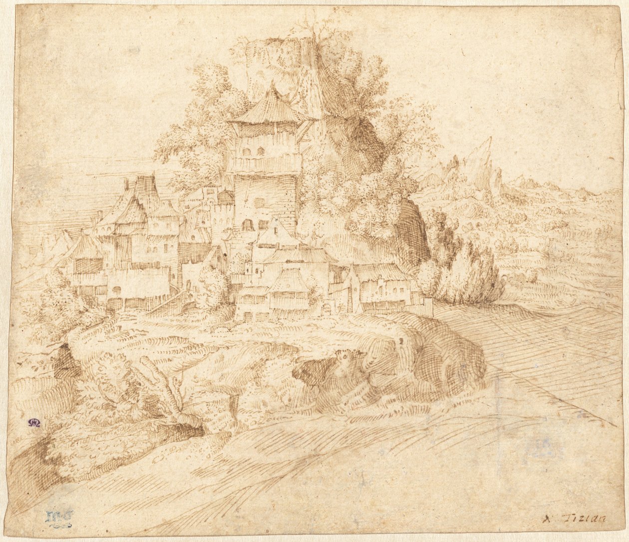 A Village Nestled at the Foot of a Hill by circle of Giorgione