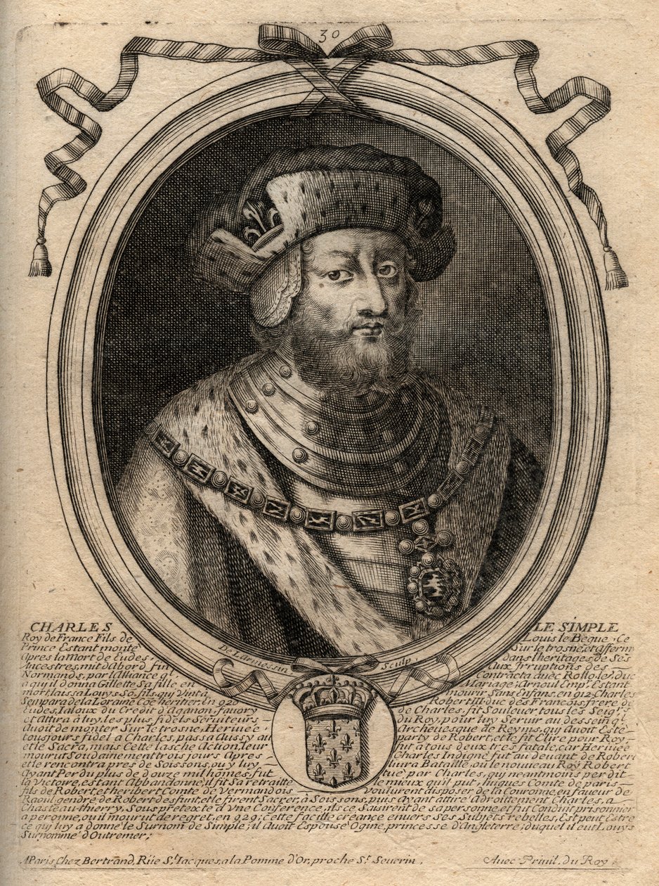 Portrait of Charles III dit le Simple (879-929) king of the Franks - CHARLES III (879-929) - Charles the Simple - King of France, 893-923 - engraving from 