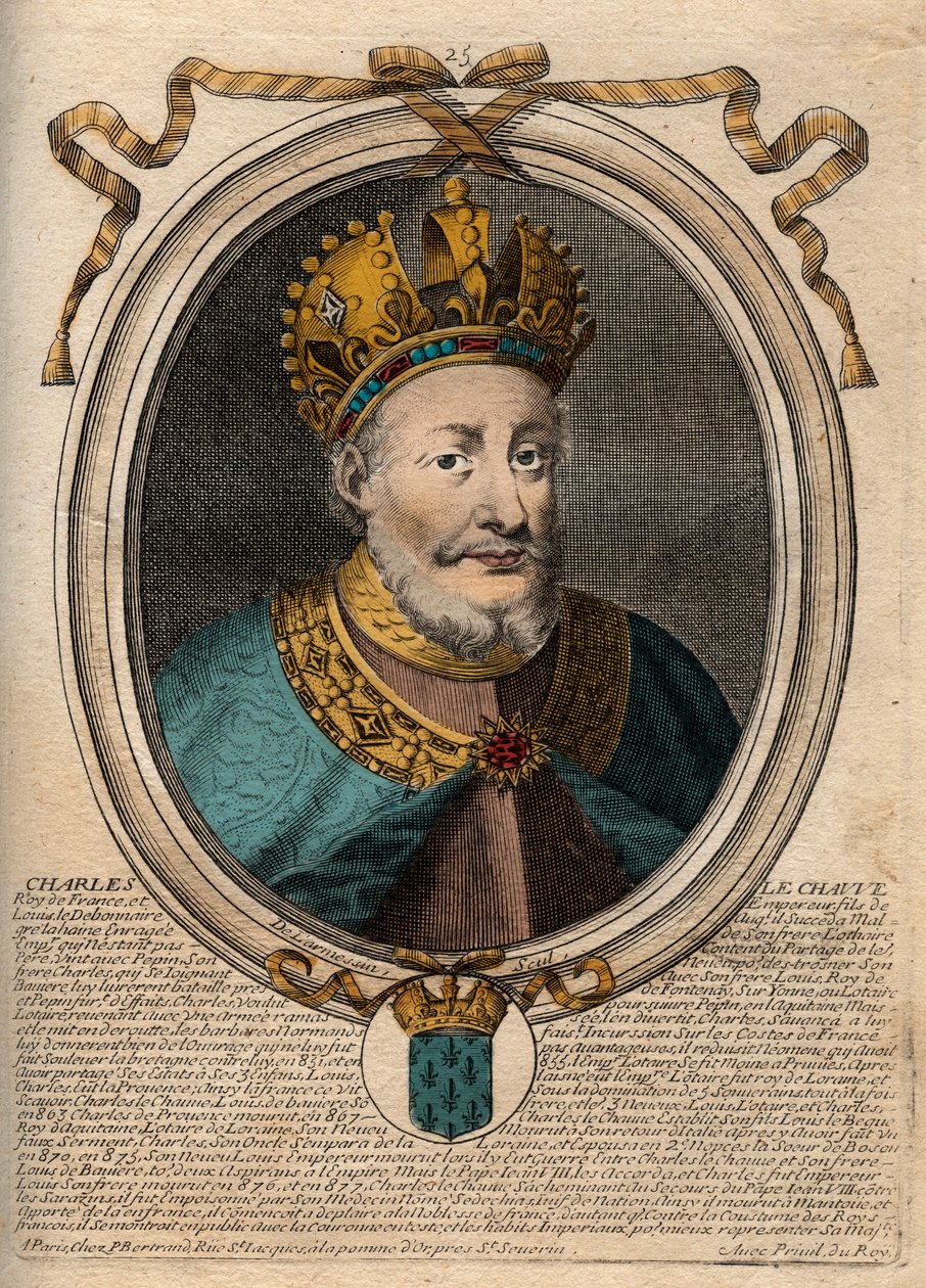 Portrait of Charles II the Bald (823-877), King of France. Engraving from 