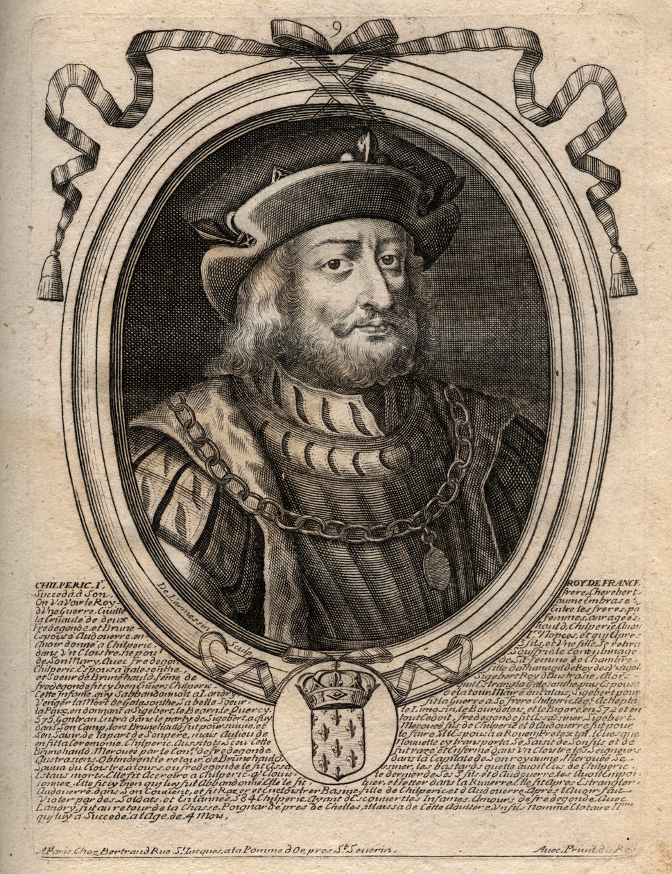 Portrait of Chilperic I, Merovingian King of France - Engraving from 
