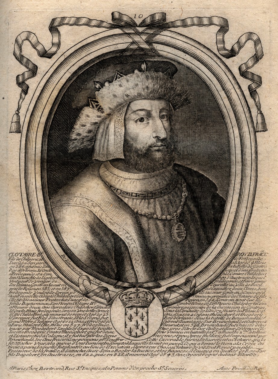 Portrait of Clotaire II (584 - 628), King of Neustria and King of the Franks - engraving from 
