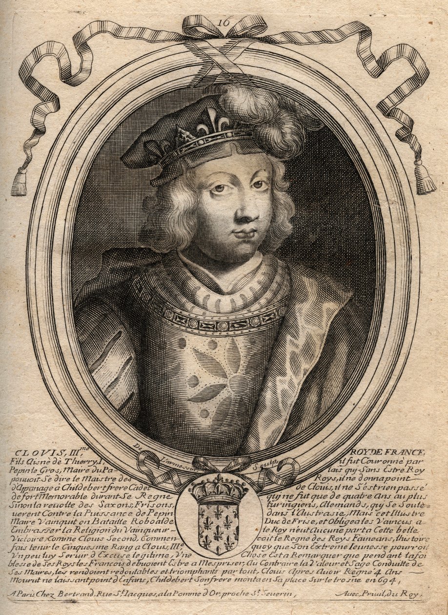 Portrait of Clovis III, king of the Francs from 691 to 695 - CLOVIS III Merovingian king of Neustria and Austrasia - engraving from 