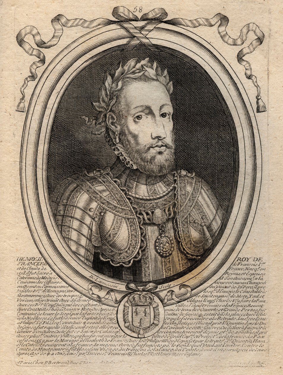 Portrait of Henry II (1519 - 1559) King of France - Engraving from 