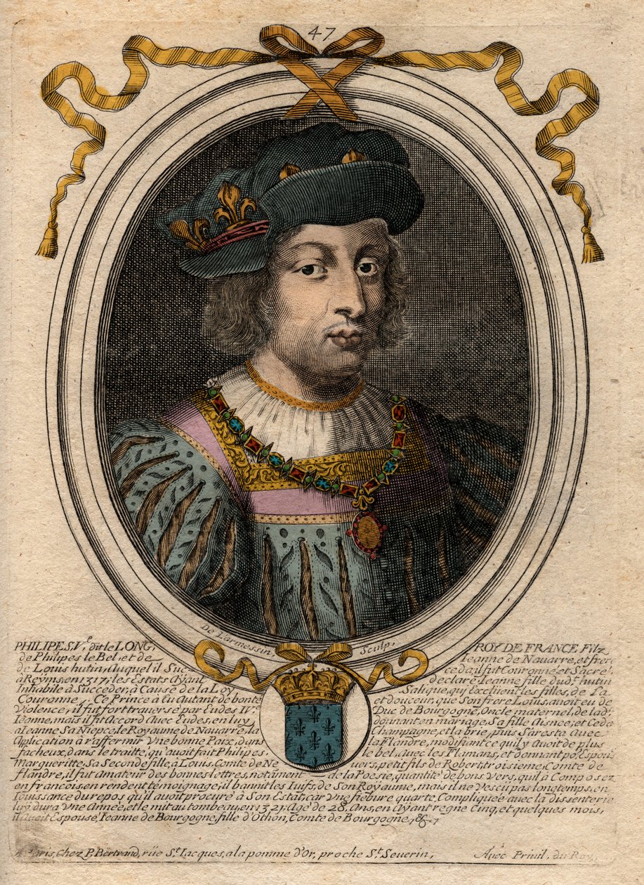 Portrait of Philip V the Long (1294-1322), King of France - engraving from 