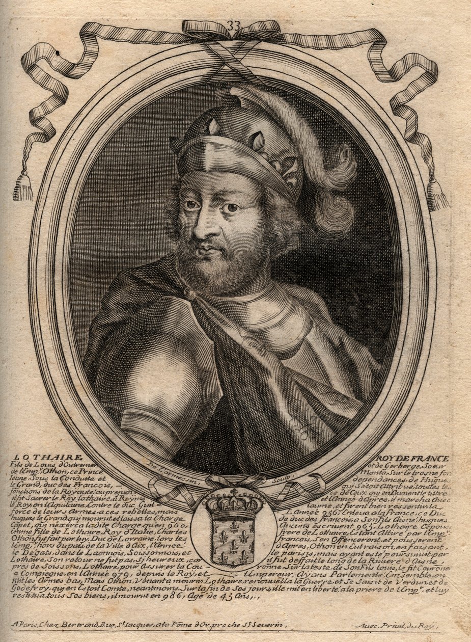 Portrait of Lothaire (941 - 986), King of the Franks - engraving from ...