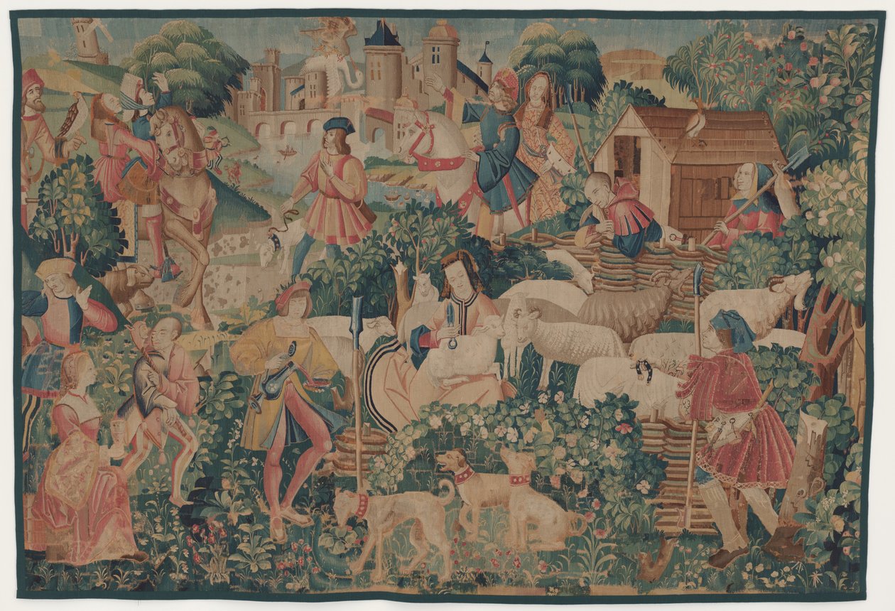 Hunting and Pastoral Scenes, with a shepherdess shearing by design probably French 16th Century, Paris; woven in southern Netherlands or Paris in an undetermine workshop