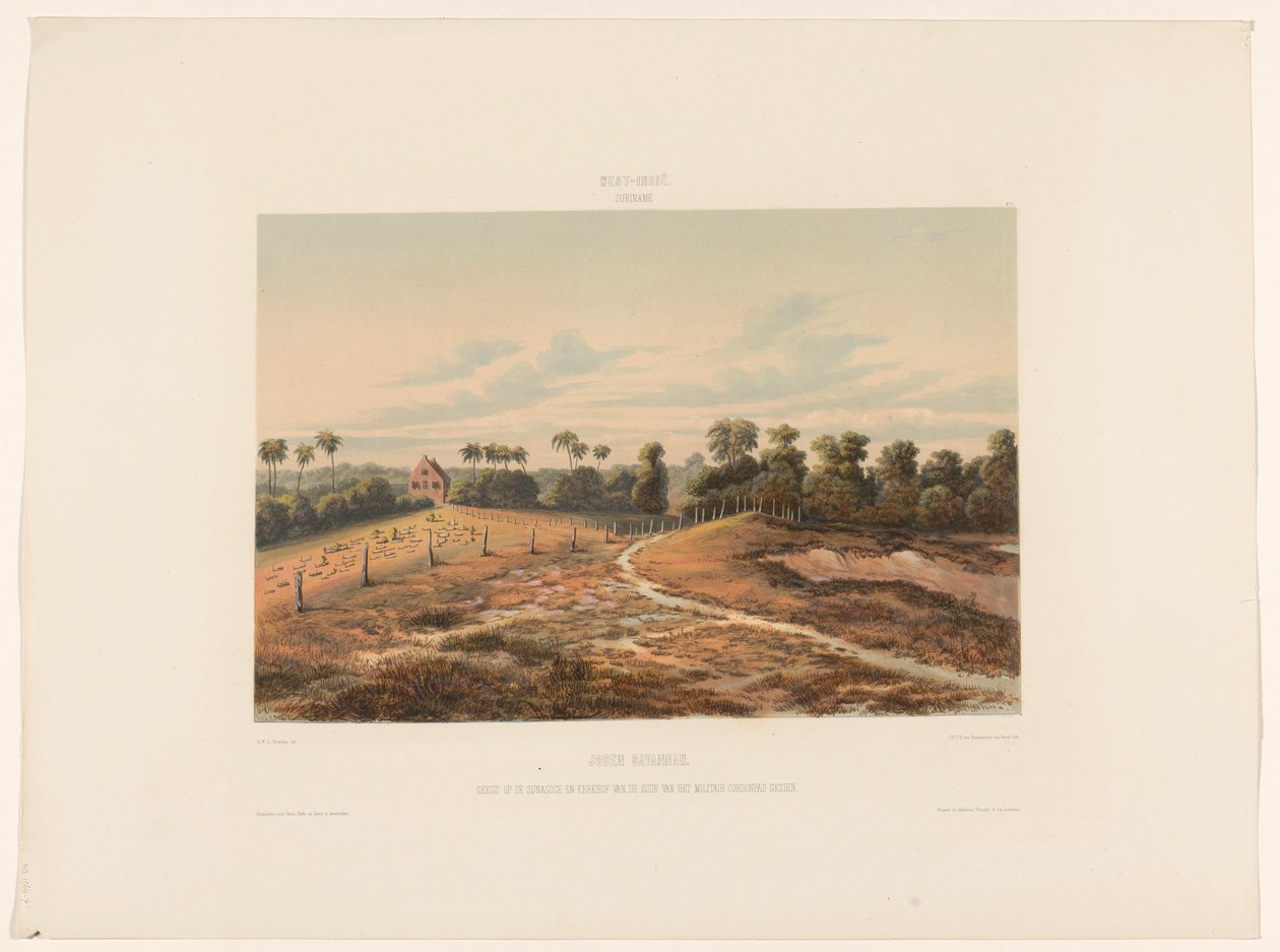Jodensavanne. View of the Synagogue and Cemetery from the Military Cordon Path (title on object) by jonkheer Jacob Eduard van Heemskerck