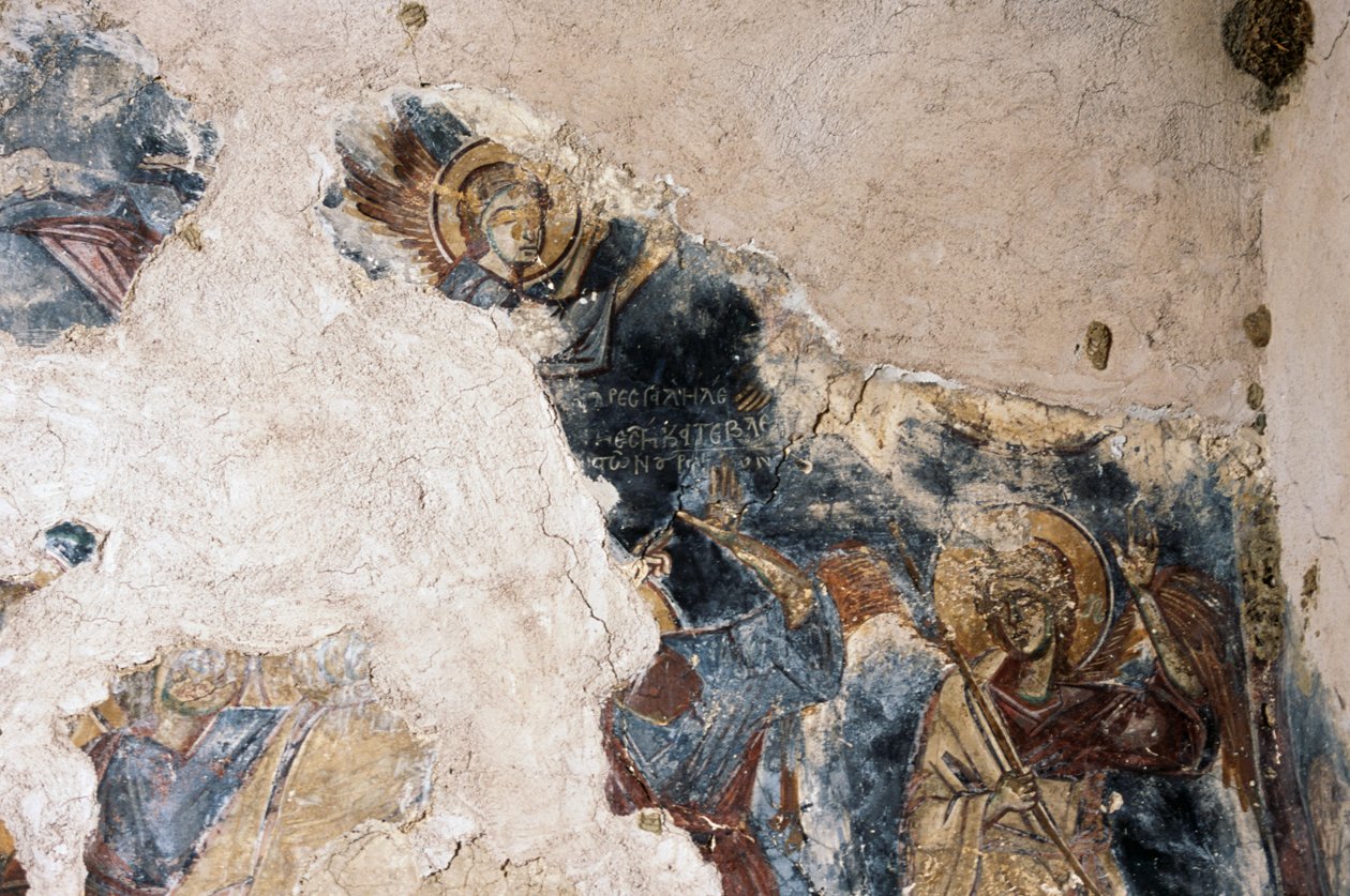 Angel and saint, detail from fresco in church of Agios Georgios Apodoulou, Apodoulou, Crete, Greece by Theodore Charles Ange Coquelin