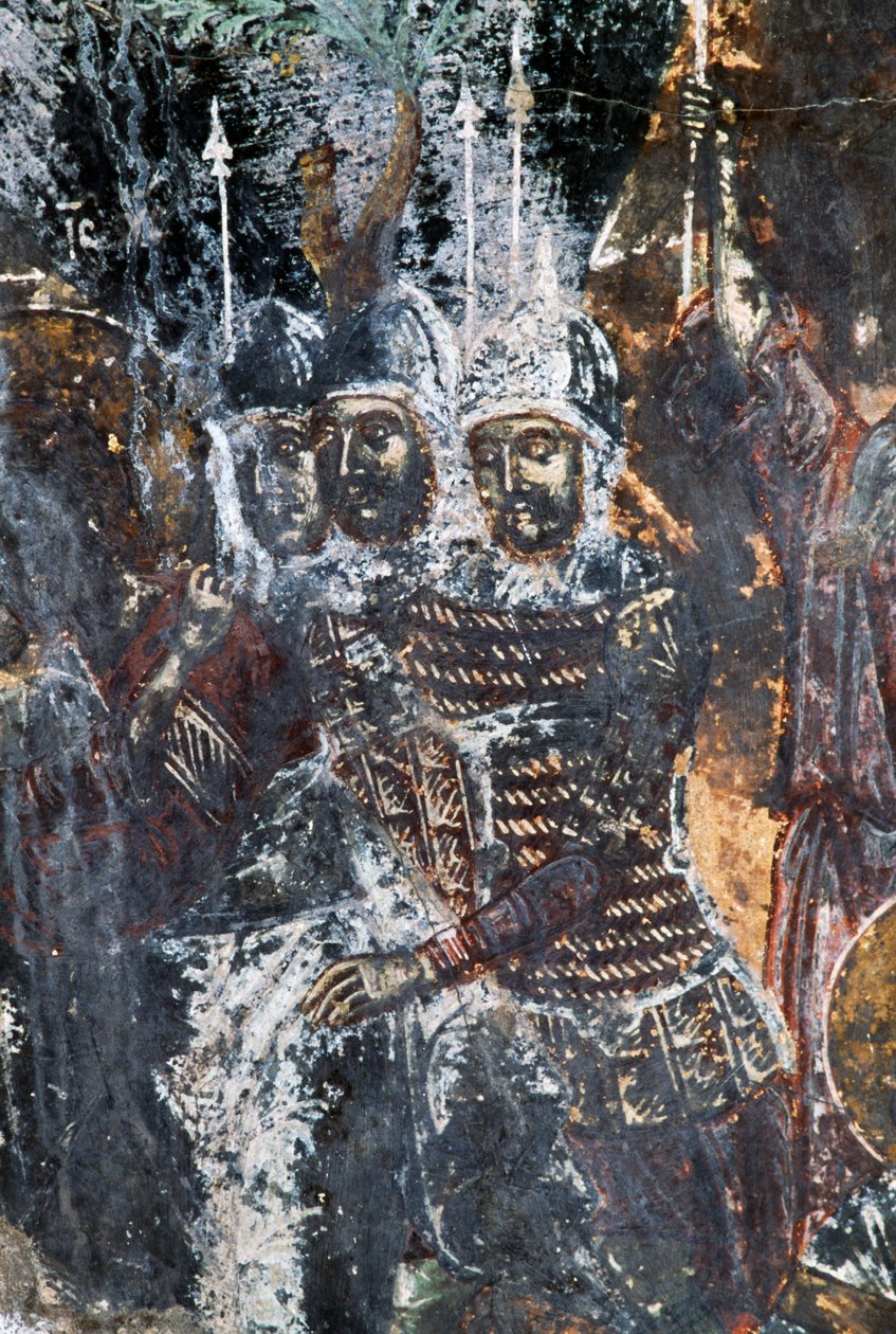 Soldier, damaged fresco on ceiling of church of Agios Vasileios, Vavouledo, Crete, Greece by Theodore Charles Ange Coquelin