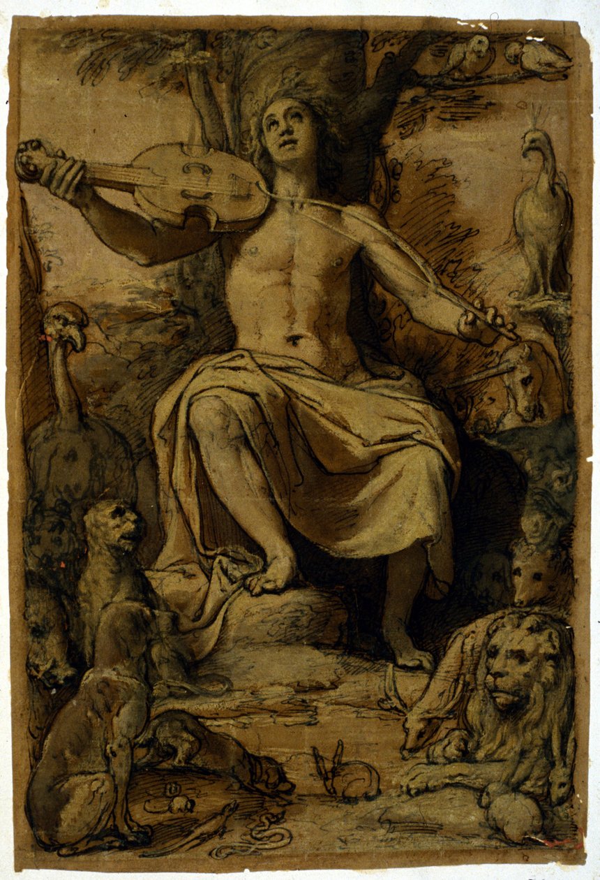 Orpheus enchanting animals with the music of a violin by or Zuccaro Federico Zuccari