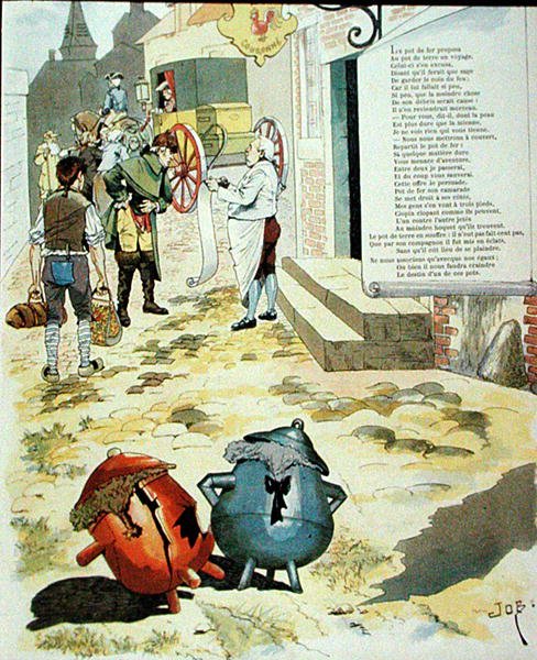 Illustration for The Earthen Pot and the Iron Pot, from Fables by Jean de La Fontaine by Onfray de Breville Job