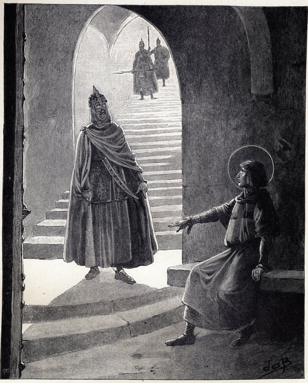 Be a Christian, I will make you knight: the words of Louis IX said Saint Louis to a buckwheat chief who entered the prison to make himself a knight. Illustration of Job (Jacques Marie Gaston Onfray de Breville) by pseudonym for Onfray de Breville Jacques Job