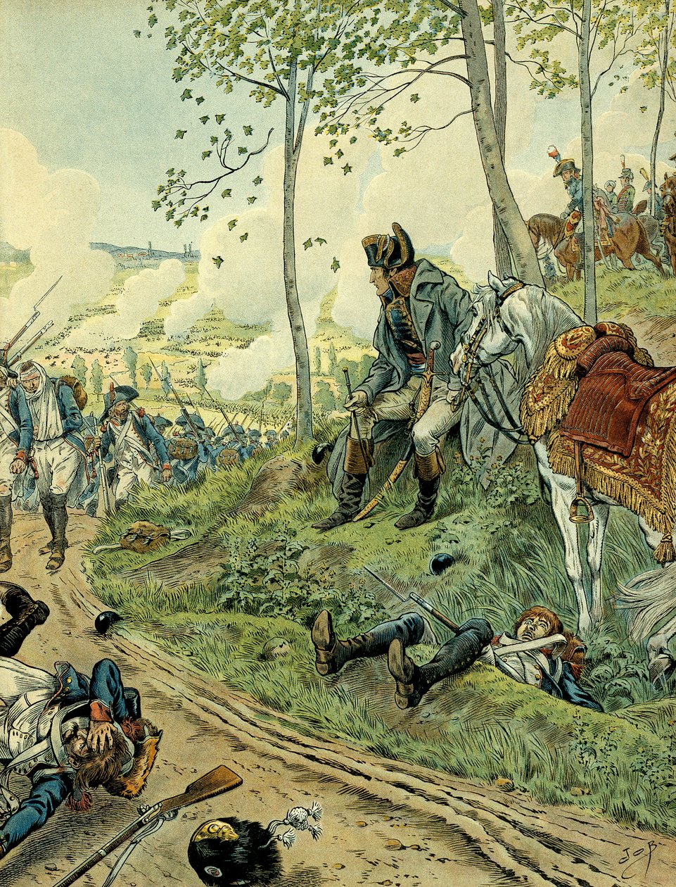 Campaign of Italy: Napoleon I Bonaparte at the Battle of Marengo on 14 June 1800 in Piemont, opposing the Napoleonic and Austrian armies. Illustration by Jacques Marie Gaston Onfray de Breville dit JOB by pseudonym for Onfray de Breville Jacques Job