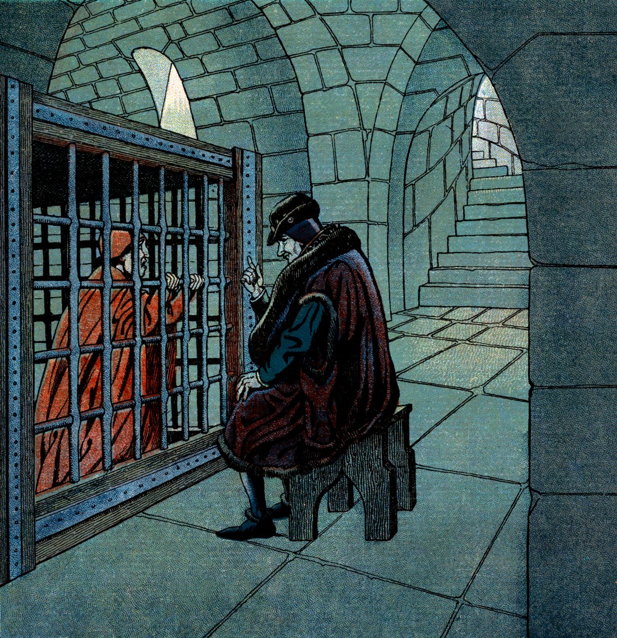 French king Louis XI visiting Cardinal Jean de la Balue prisoner in a cage at Loche jail by pseudonym for Onfray de Breville Jacques Job