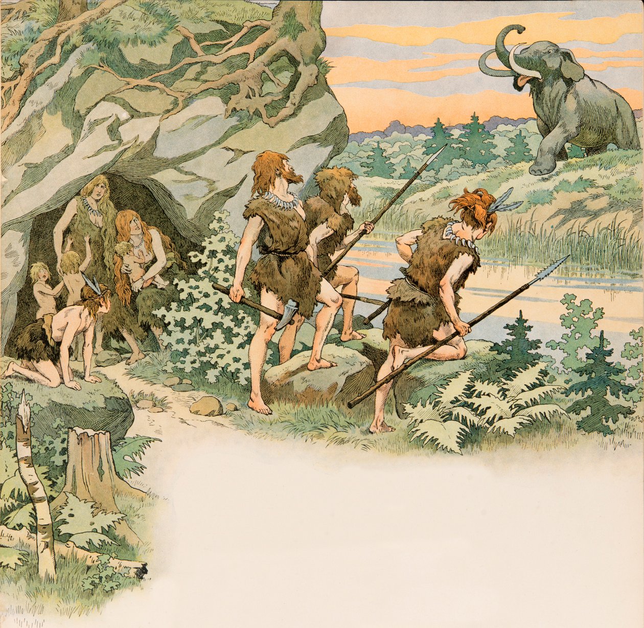 During prehistory, cave men protect their families from a mammoth attack by pseudonym for Onfray de Breville Jacques Job
