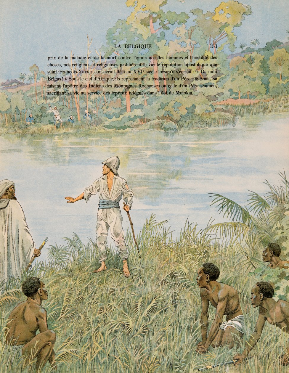 History of Belgium: Sergeant Henri de Bruyne and Lieutenant Joseph Lippens on the banks of La Lomami in Congo in 1889 by pseudonym for Onfray de Breville Jacques Job