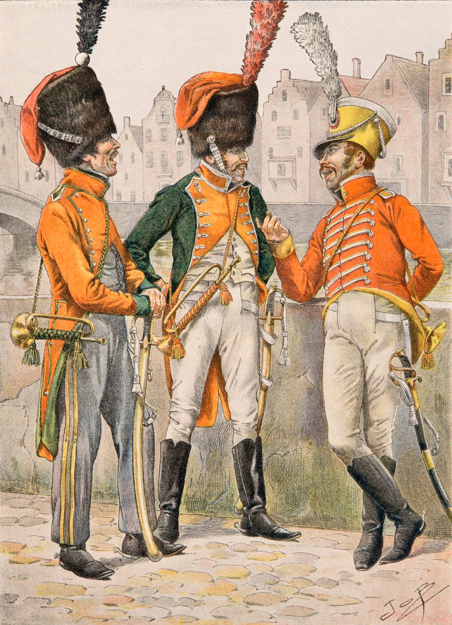 Outfit of the French troops at all times: Trumpets of the 14th, 23rd, 24th regiments of hunters on horseback before 1812 by pseudonym for Onfray de Breville Jacques Job