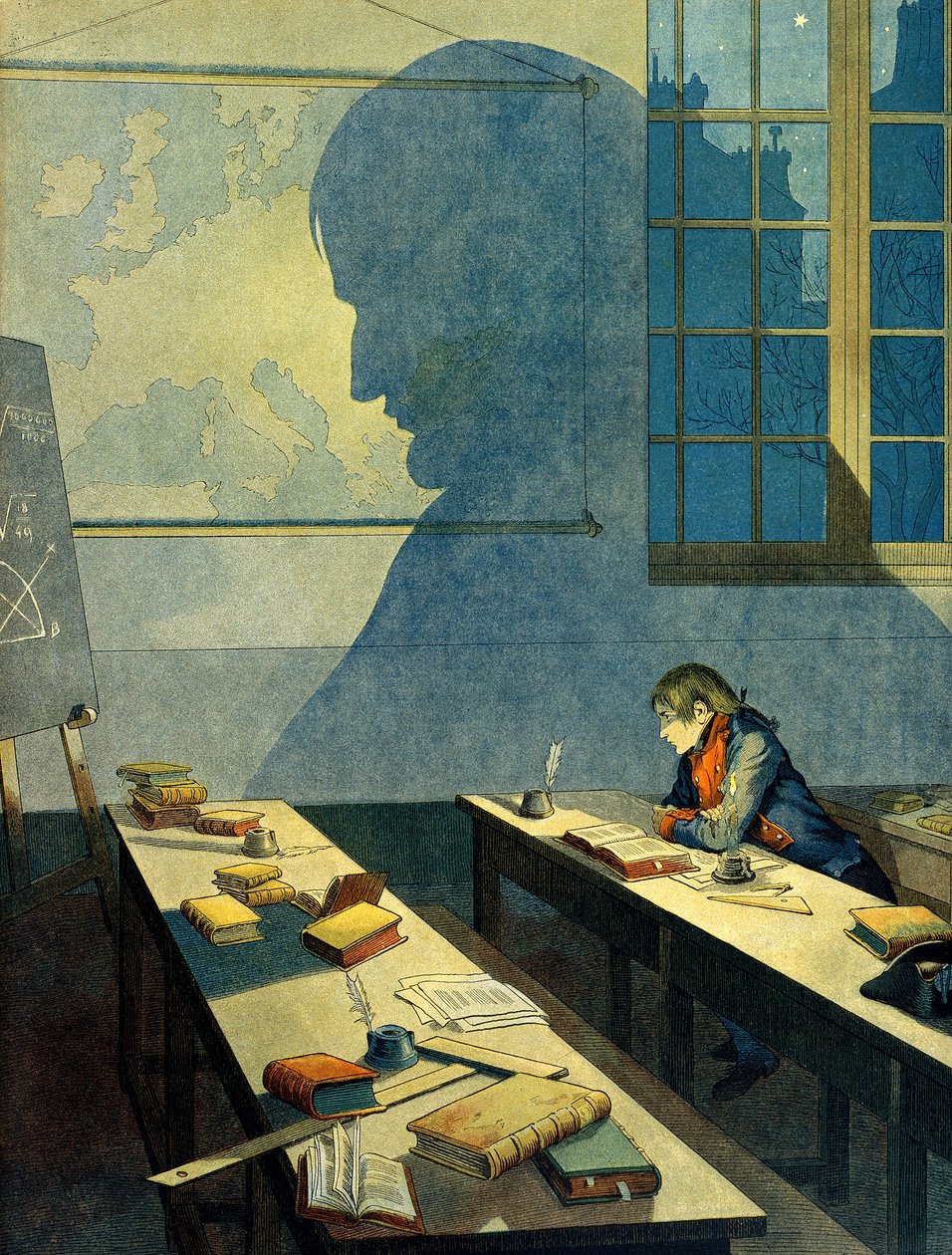 Napoleon I Bonaparte studying at the Royal Military School of Brienne. Its shadow falls on the geographic map of Europe. Illustration by Jacques Marie Gaston Onfray de Breville dit JOB by pseudonym for Onfray de Breville Jacques Job