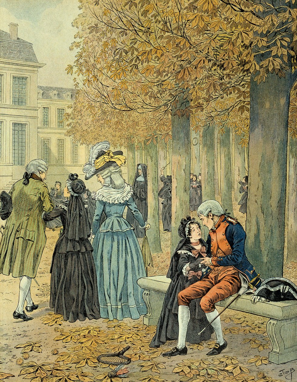 Napoleon I Bonaparte visited his sister Elisa Bonaparte at the royal house of Saint Cyr. Illustration by Jacques Marie Gaston Onfray de Breville dit JOB by pseudonym for Onfray de Breville Jacques Job