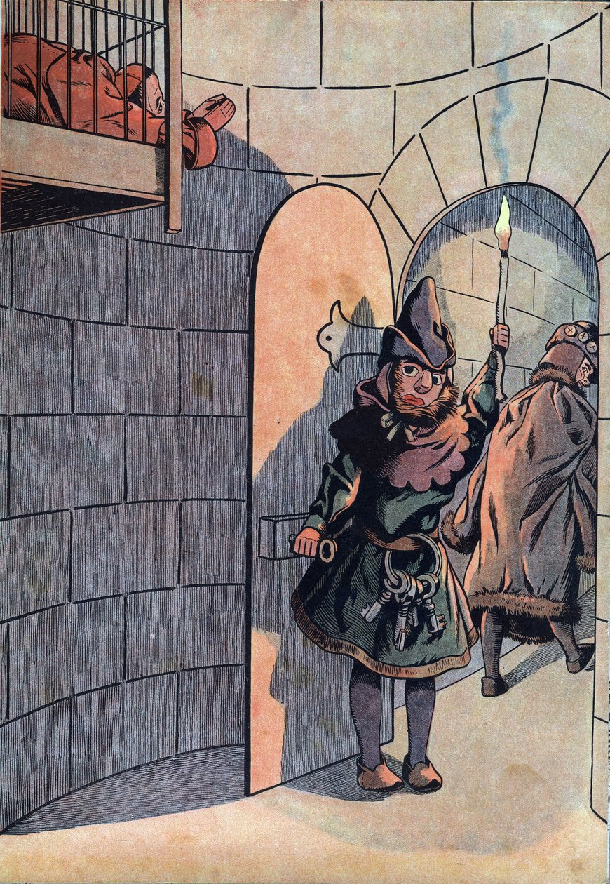 Scene of the history of France in toys: plotting against King Louis XI with Charles Le Temeraire, Jean Balue was locked for 11 years in one of King Louis XI