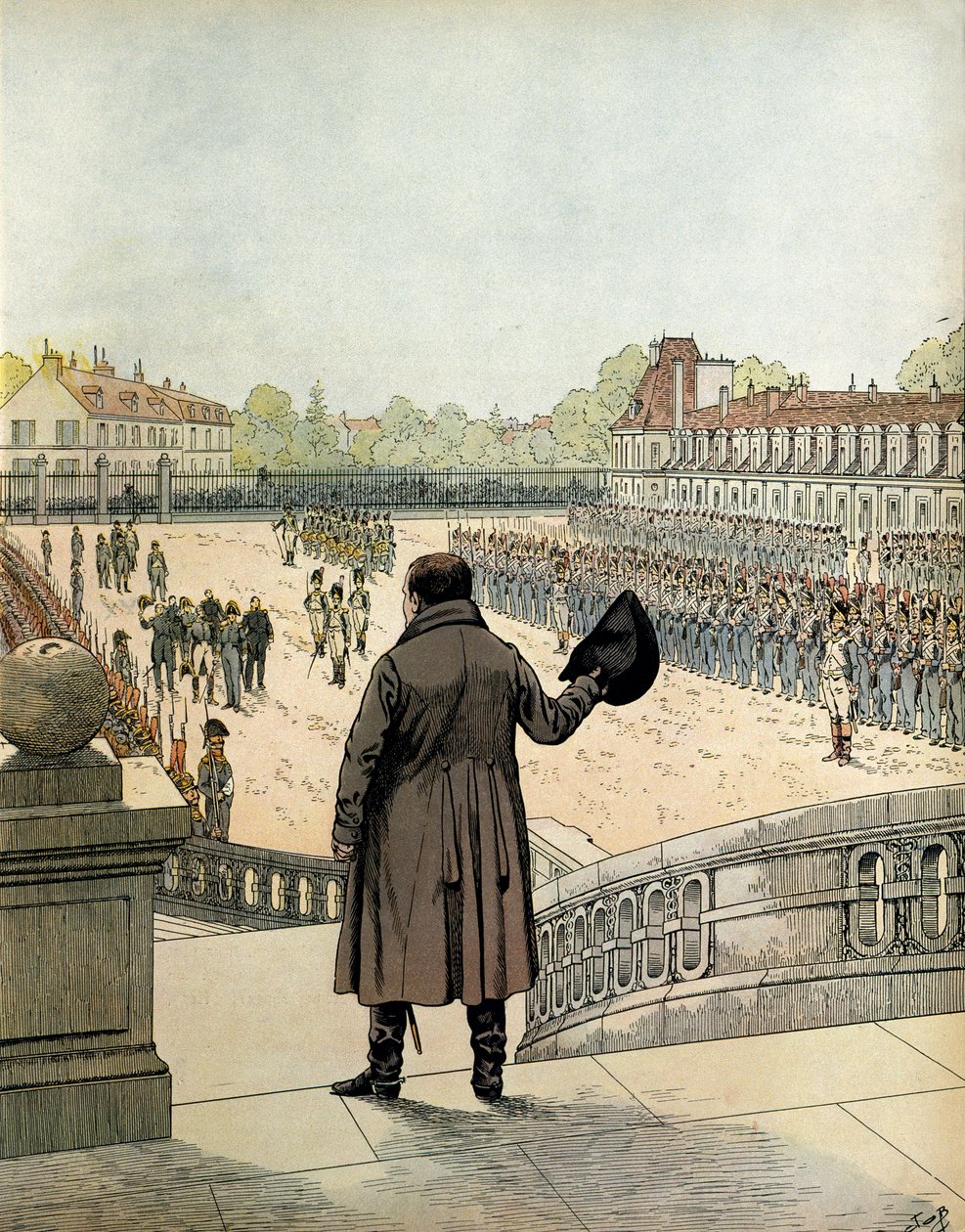 The farewell of Napoleon I Bonaparte in the courtyard of the Cheval Blanc in Fontainebleau on April 20 by pseudonym for Onfray de Breville Jacques Job