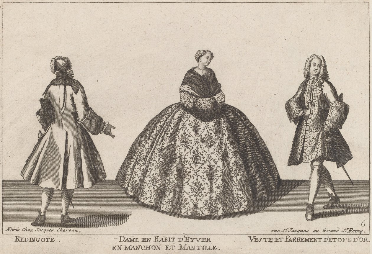 Redingote/Lady in Winter Outfit with Muff/Coat and Gold Fabric Trimming by published by Jacques Chéreau