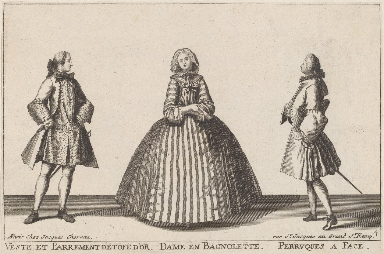 Vest and Ornament of Gold Fabric/Lady in Bagnolette/Wigs with Face by published by Jacques Chéreau