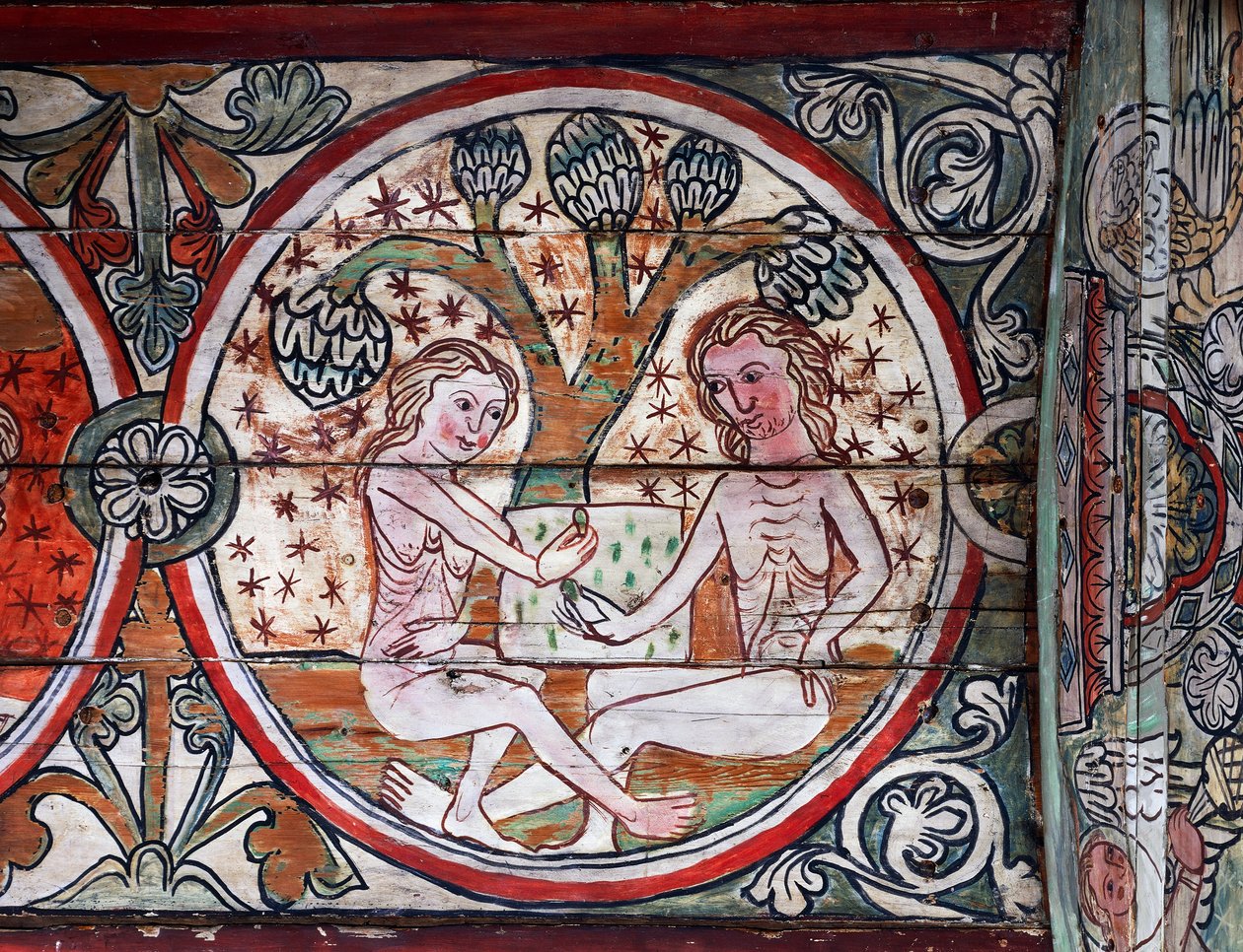 Adam and Eve in Garden of Eden, decoration from Al Stavkirke by school Scandinavian