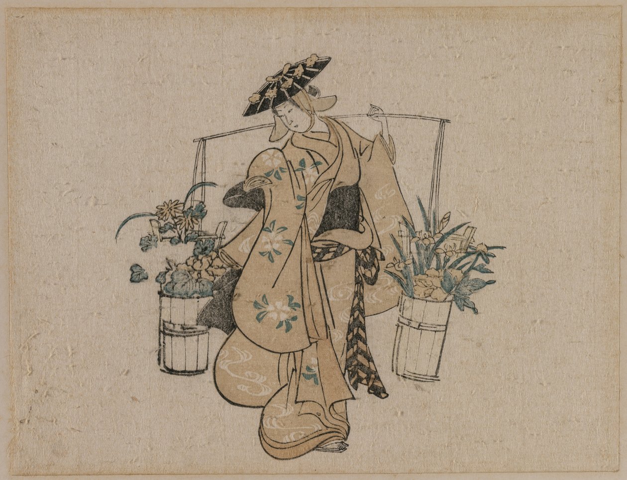 A Beauty Carrying Two Buckets of Flowers by style of Torii Kiyomasu