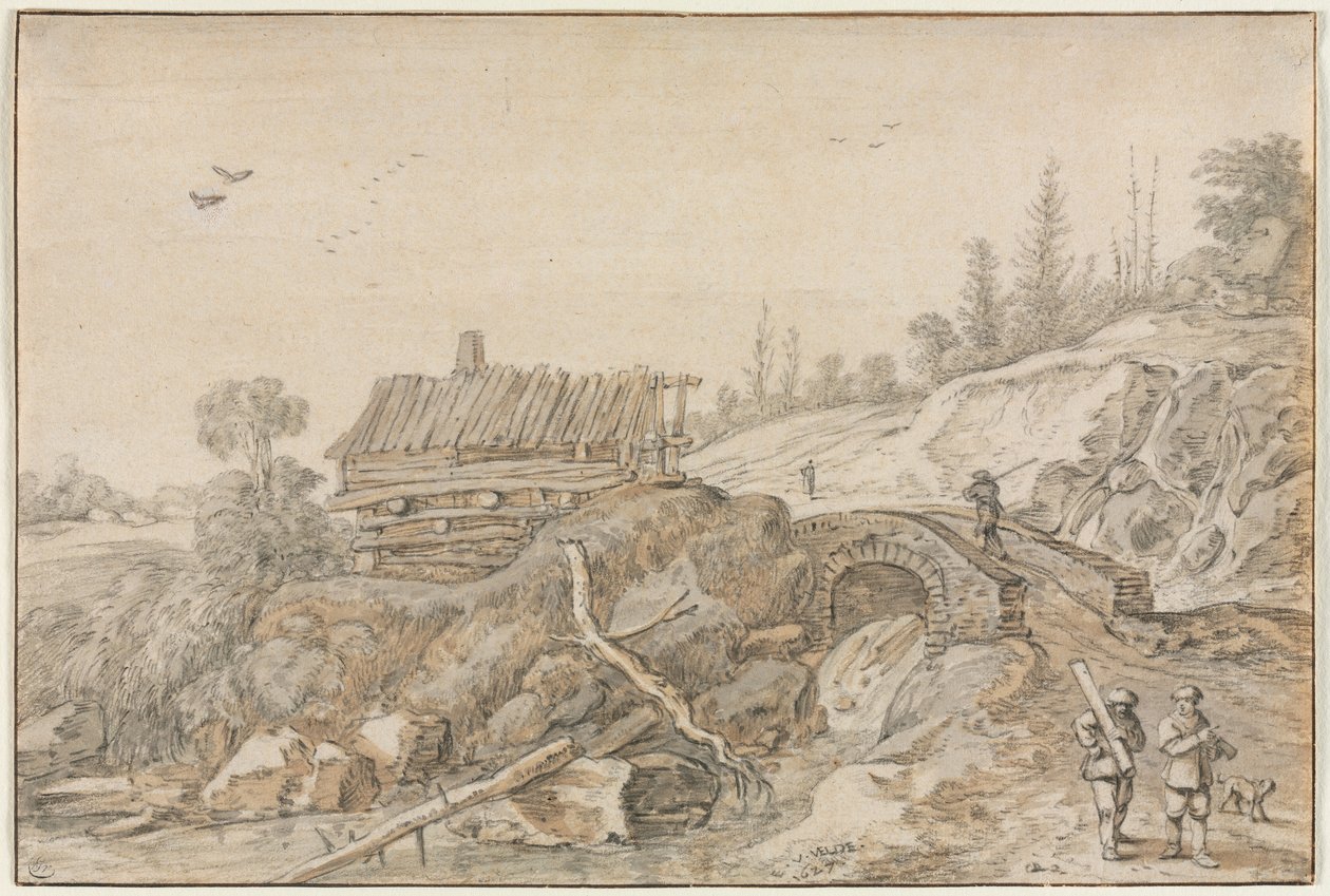 Hilly Landscape with Hut Beside a Stream, 1627 by van de Velde Esaias