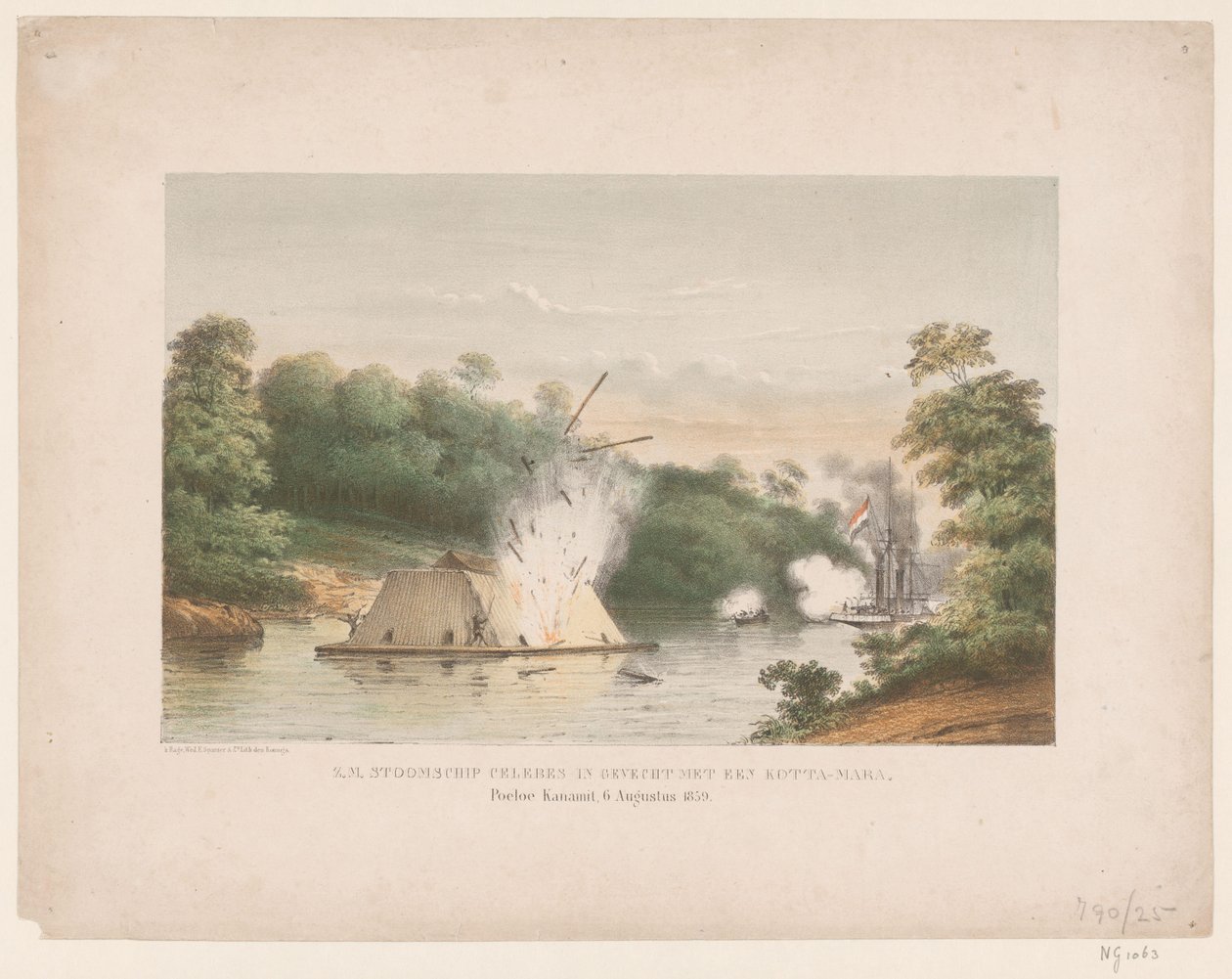 H.M. Steamship Celebes in Battle with a Kotta-mara. Poeloe Kanamit, August 6, 1859 by weduwe Elias Spanier and Zn