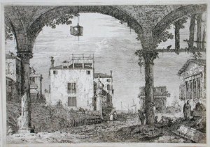 View through an arcade towards coastal buildings by Canaletto