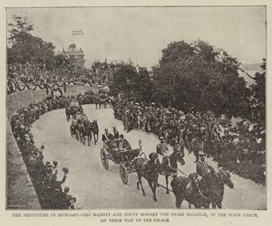 The Festivities in Hungary, His Majesty and Count Szapary the Prime Minister, in the State Coach, on their Way to the Palace (b/w photo) by (after) English photographer