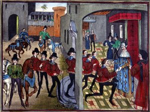 Charlemagne Receives the 4 Aymon Sons at the Court and Knights Them - After a 13th Century Miniature by Huon de Villeneuve by (after) French School
