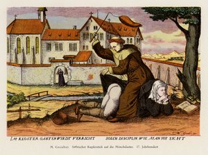 Monk disciplining a nun in the monastery garden