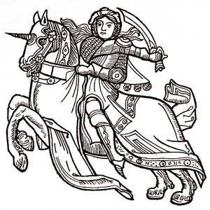 Joan of Arc on Horseback Brandishing a Sword by (after) Spanish School