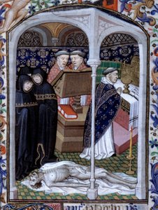 Scene of funeral ceremony and macabre dance. Miniature from Book of Hours used in Paris illuminated by the Atelier du Maitre de Boucicaut, approximately 1415. Paris, B.N.
