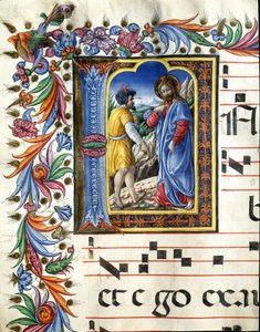 Decorated initial depicting the temptation of Christ. Miniature by Liberale da Verona (1445-1529) from a choir book (Cod. 20/5. c.45v) from the cathedral of Siena by (c.1445 1527) Liberale da Verona