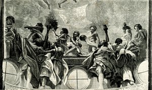 Assumption of Virgin, (detail) from fresco by Correggio, dome of Parma Cathedral, woodcut from Le cento citta d