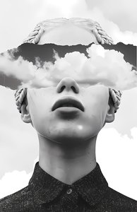 Paper collage art, cloud and abstract woman portrait