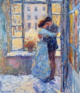 Impressionist oil painting of a romantic couple